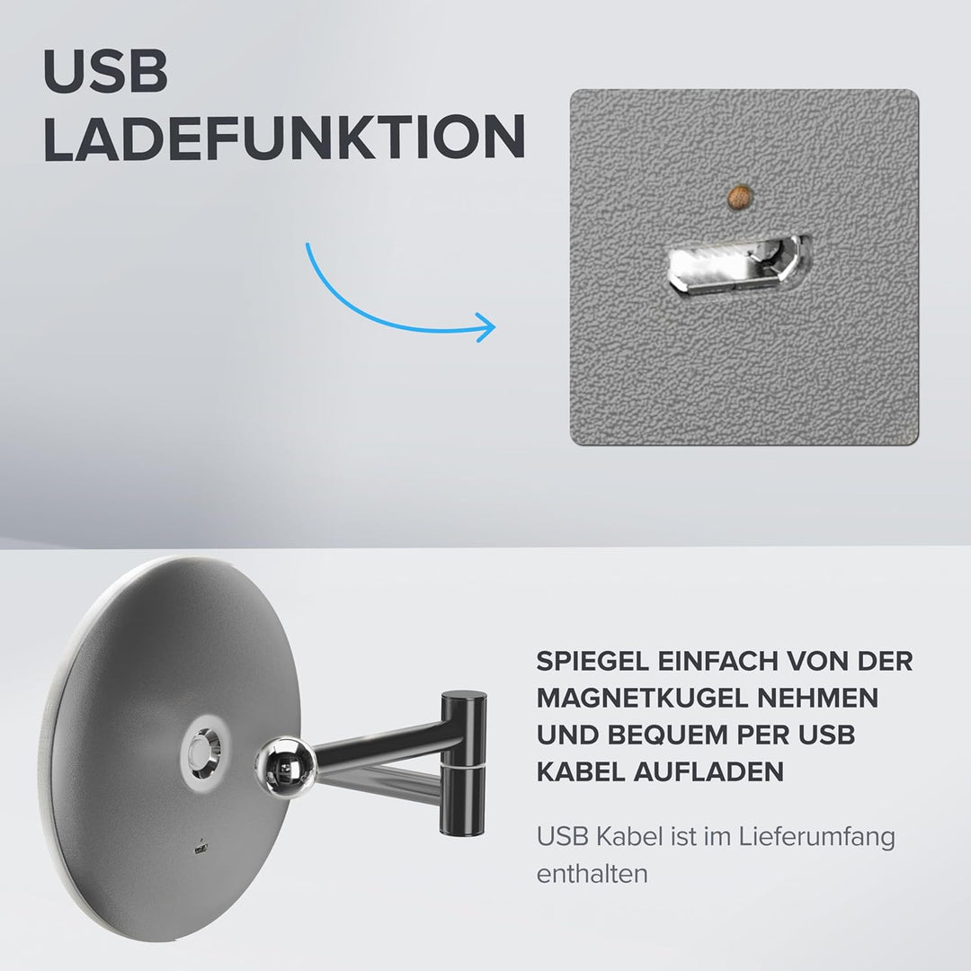 ovimar Kosmetikspiegel Ringstind Gunmetal | mit Beleuchtung | wiederaufladbar | Wandmontage ohne Boh
