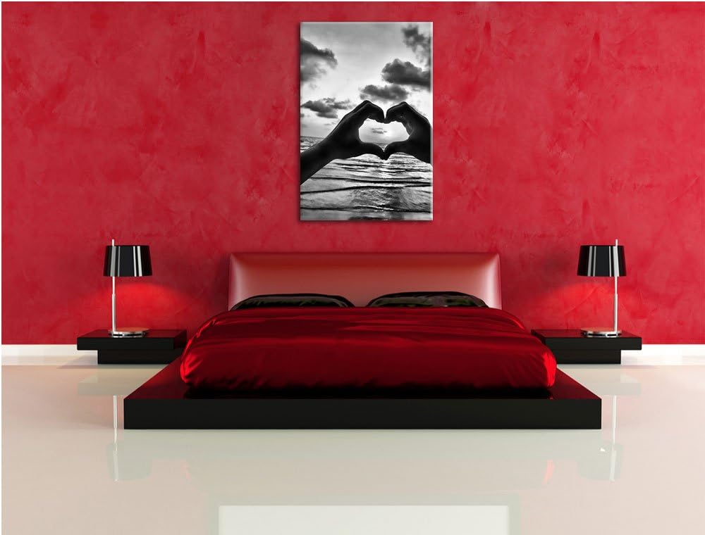 Pixxprint Händen geformtes Herz am Meer als Leinwandbild/Grösse: 100x70 cm/Wandbild/Kunstdruck/ferti