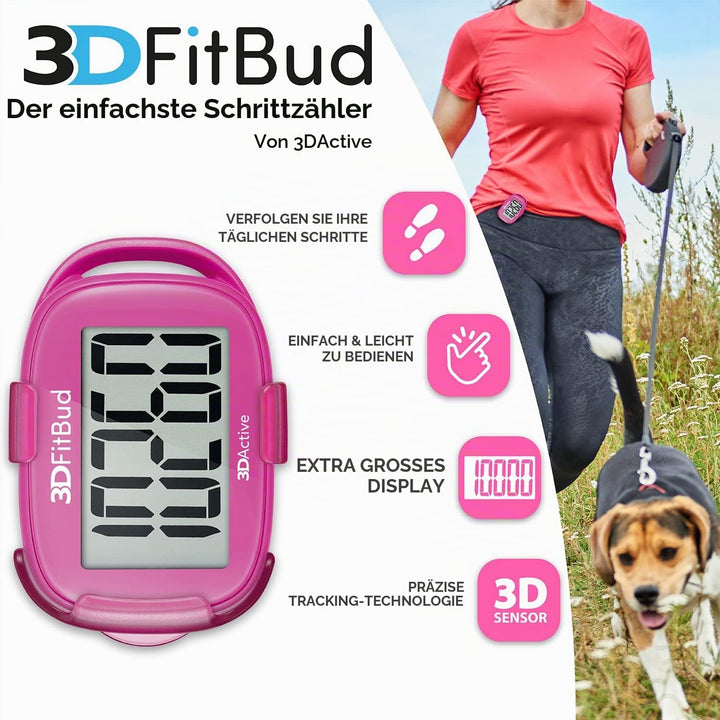 3DFitBud Einfacher Schrittzähler Walking 3D Schrittzähler mit Clip und Umhängeband, A420S Pink, Pink
