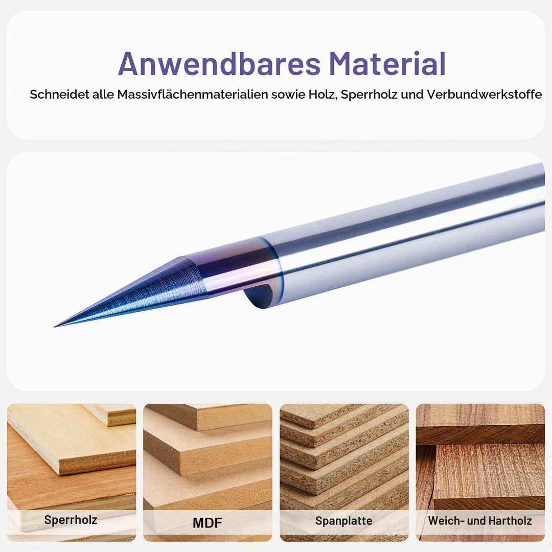 SpeTool Gravierfräser 6mm Schaft 30 Grad V Nutfräser Schriftenfräser Holz 0,2 mm Spitze VHM Graviers