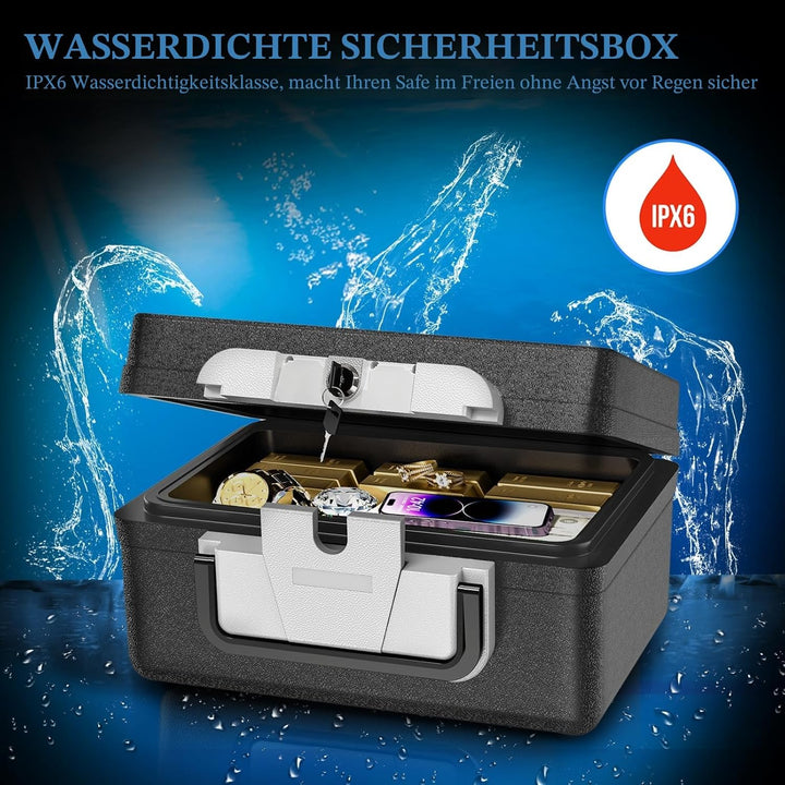 WASJOYE Tragbarer Tresor, Feuerfest Wasserdicht Tresor für Zuhause mit Schlüsselschloss und Tragegri