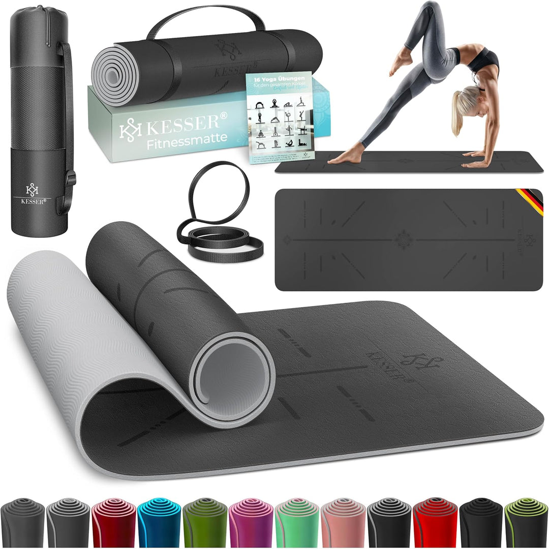 KESSER® Gymnastikmatte mit Tragegurt rutschfest TPE Yogamatte Gepolstert & rutschfest Fitnessmatte,