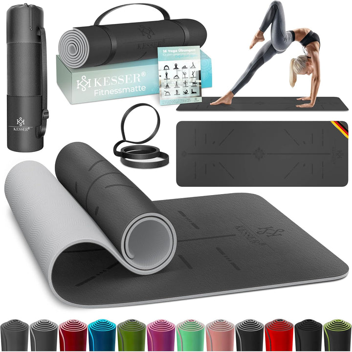 KESSER® Gymnastikmatte mit Tragegurt rutschfest TPE Yogamatte Gepolstert & rutschfest Fitnessmatte,