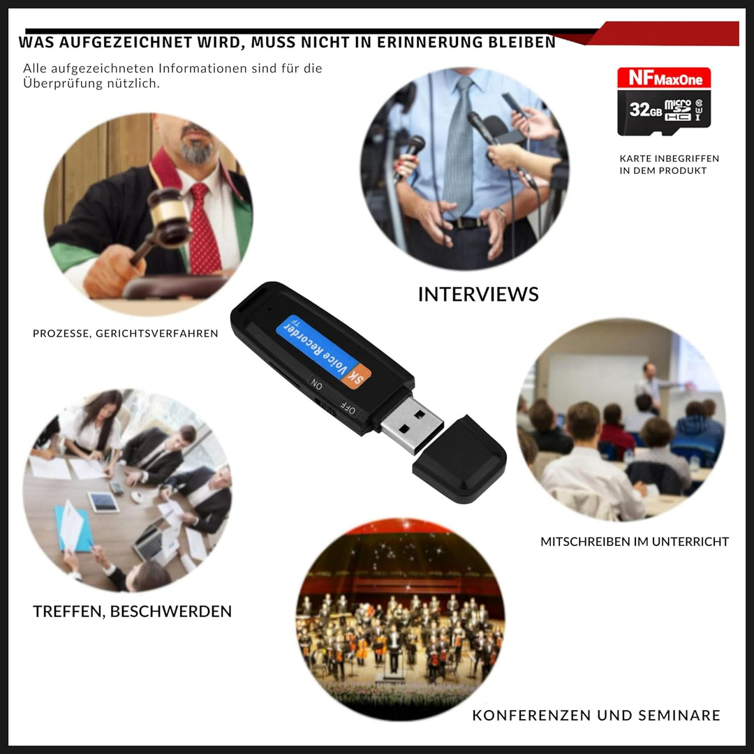 Voice Recorder, Mini-Sprachrekorder, tragbar, 32 GB, USB-Audioaufnahme, ideal für Meetings, Intervie