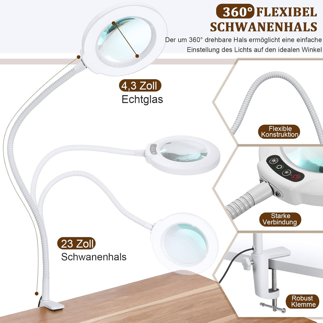 Veemagni 10X Lupe mit Licht und Klemme, Echtes Glas Lupenlampe, 5 Farbmodi Stufenlos Dimmbare, 23 Zo