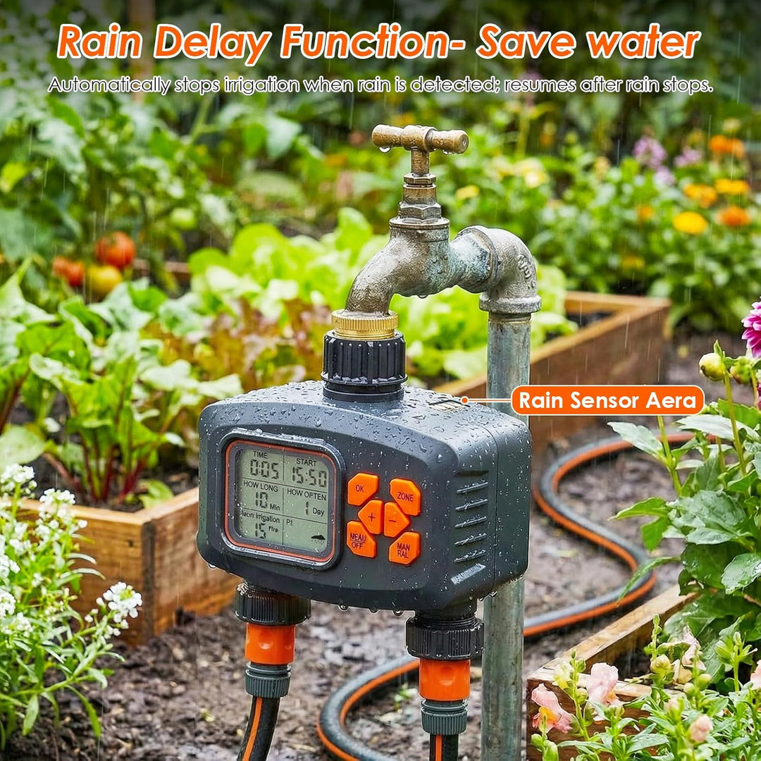 Bewässerungscomputer mit 2 Ausgängen, Wasserzeitschaltuhr Regenverzögerung, Automatische Bewässerung