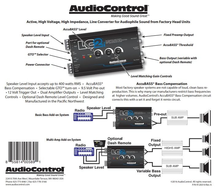 AudioControl LC2i 2-Kanal High-Low-Converter GTO™ AccuBASS® Subwoofer-Steuerung Standardverpackung,