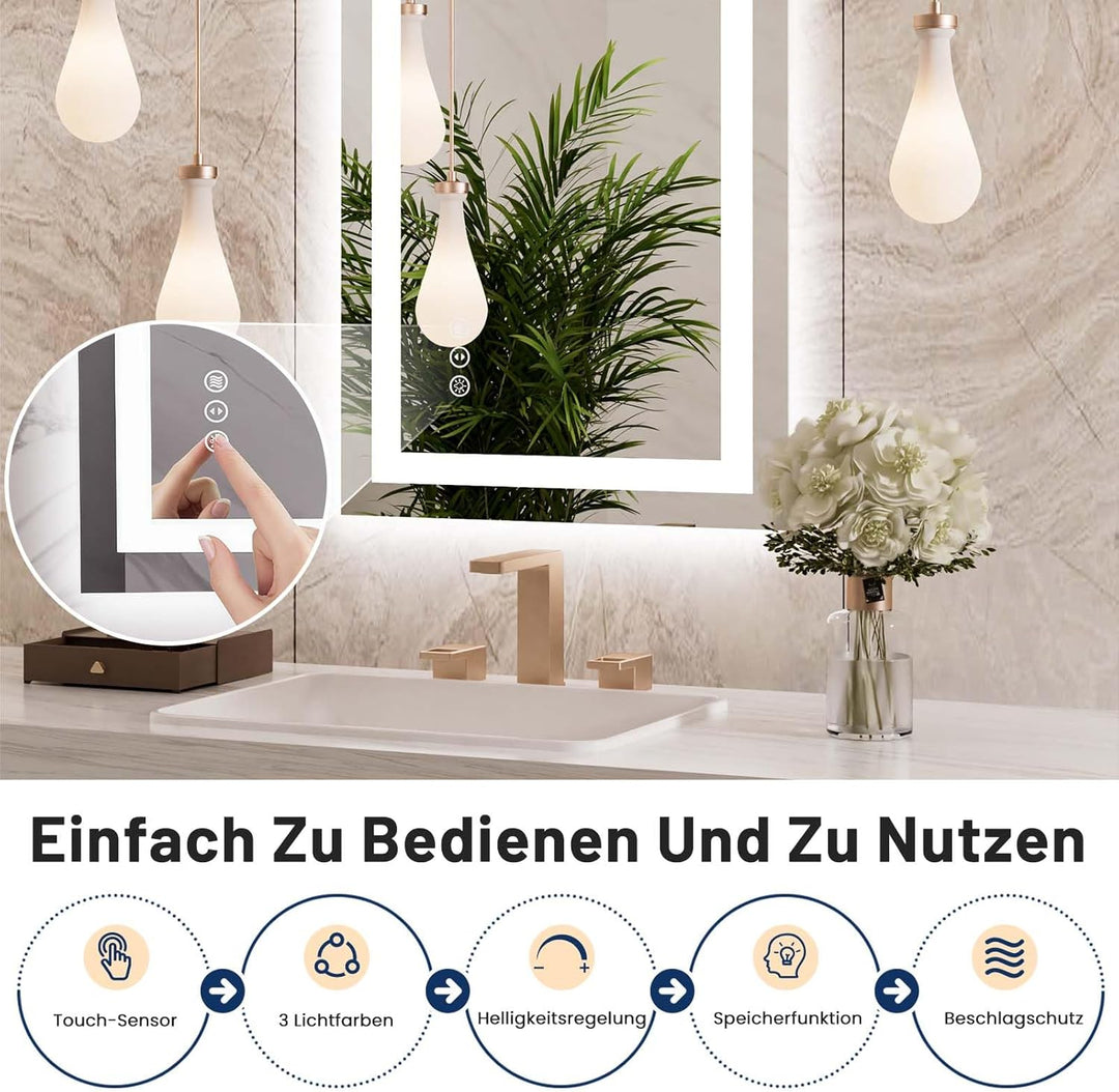 WEER Badezimmerspiegel mit LED-Leuchten, 60 x 90 cm Wandmontierter Kosmetikspiegel, 3 Farben Dimmbar
