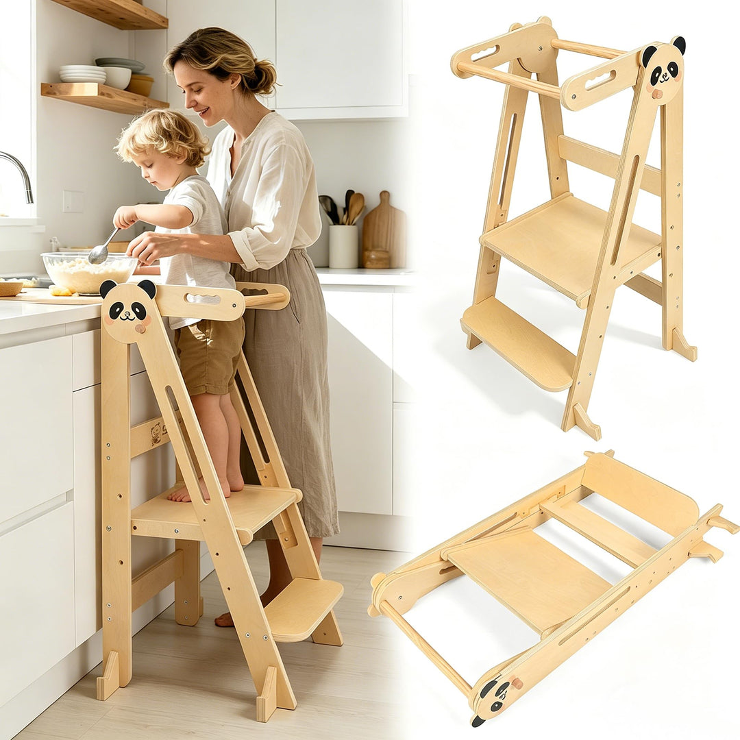 Lernturm Montessori Platzsparend und Höhenverstellbar Klappbar Lernstuhl für Kinder mit Kippschutz &