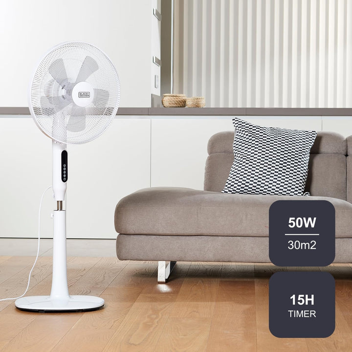 BLACK+DECKER BXEFP50E - Standventilator 110-115cm, 50W, 3 Geschwindigkeiten, Touch-Tasten, Fernbedie