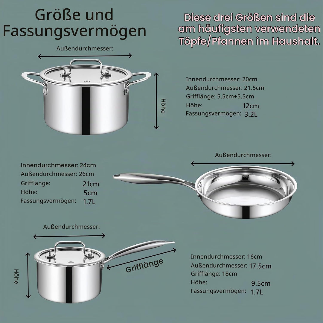 Kochtöpfe inkl.Glasdeckel,Bratpfanne,3erTopf-Set,Ø16cm,Ø20cm,Ø26cm,Spülmaschinengeeignet, Töpfe für