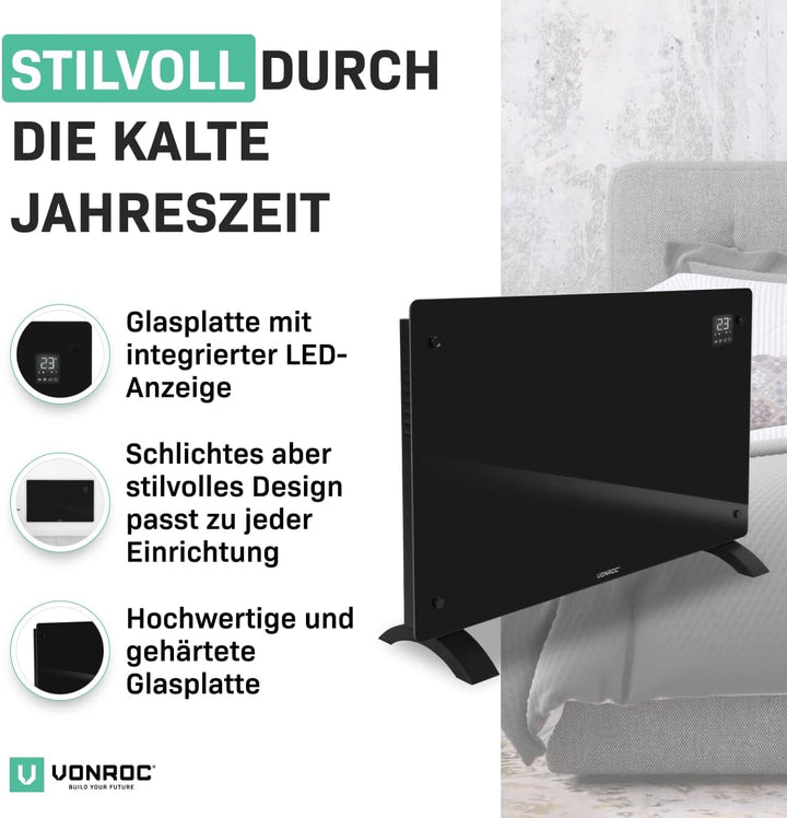 VONROC Elektroheizung energiesparend 2000W - Konvektor Heizung [24qm Räume] - Mobile Elektrische Hei