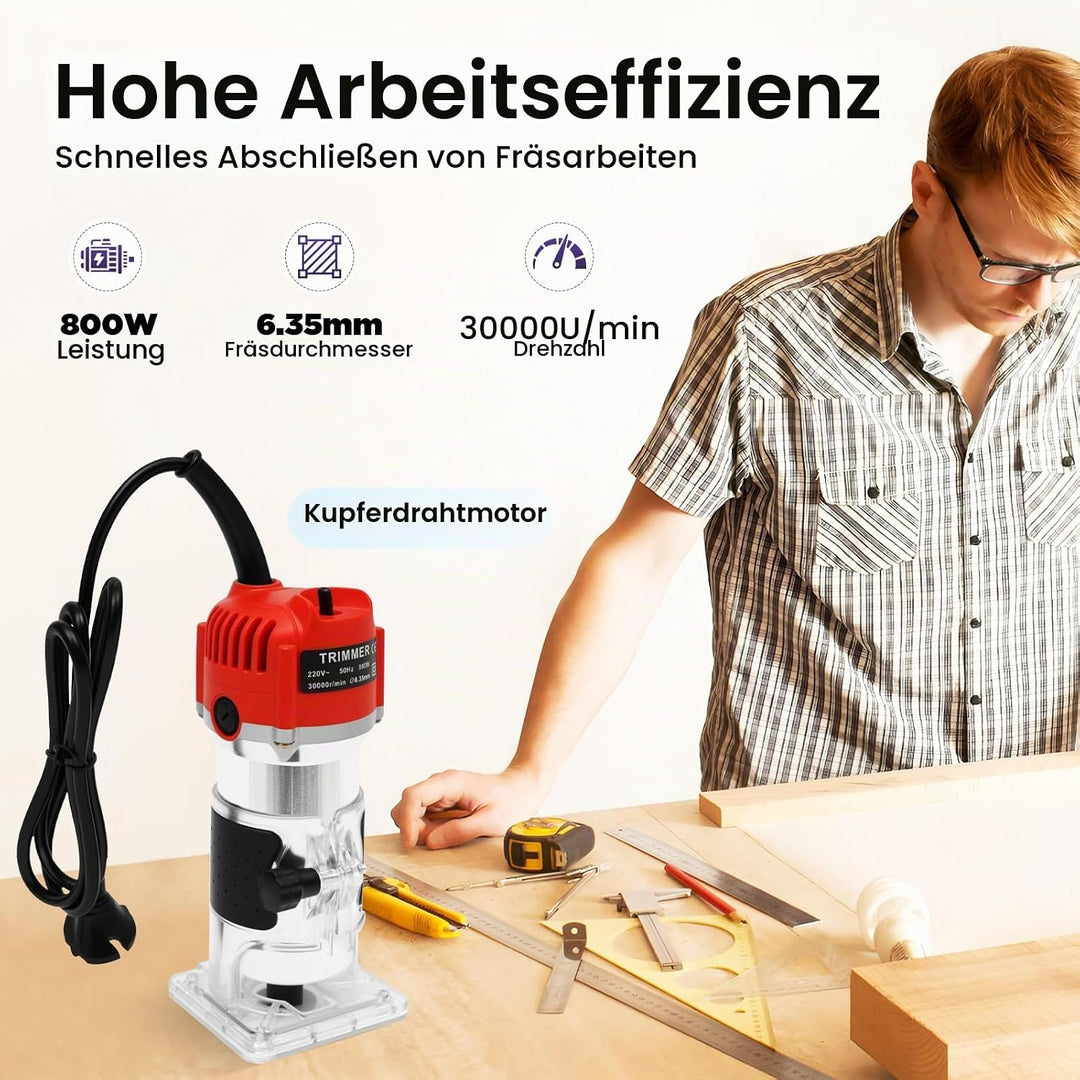 Holzfräse Oberfräse, 800W Elektrischer Oberfräse 1/4" Kantenfräse Einhandfräse Profi Holzfräse Handf