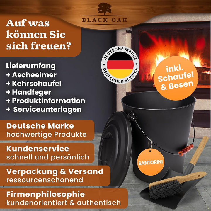 BLACK OAK Ascheeimer Santorini 25L – SET Schaufel & Besen gross 25 Liter schwarz rund mit Deckel Sta