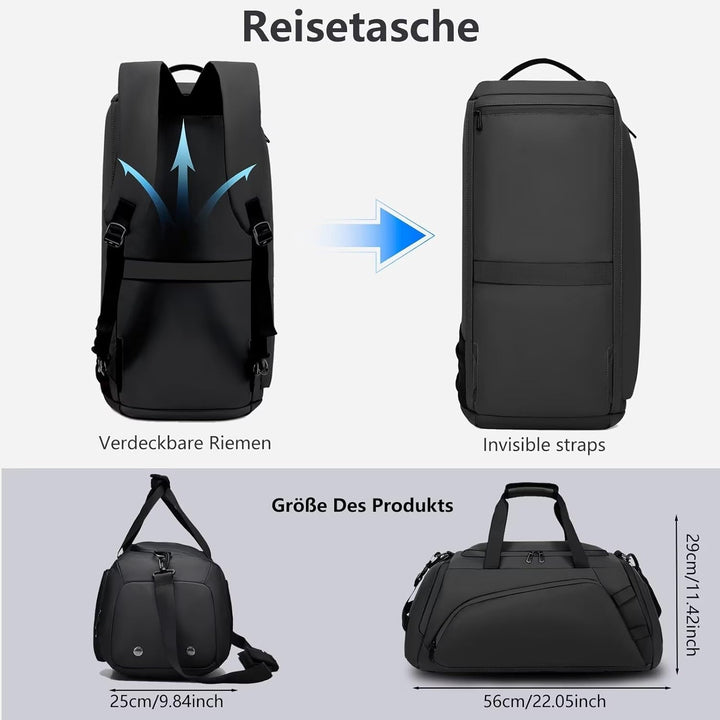 40L Sporttasche Herren Wasserdicht Schwarz Reisetasche Rucksack mit Schuhfach Nassfach Damen Duffel