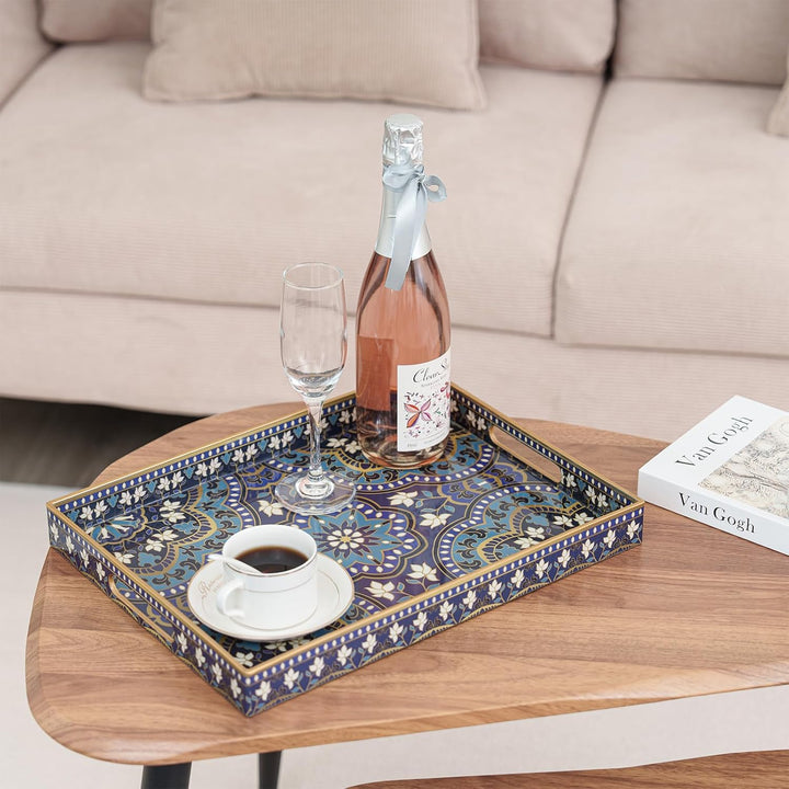 Serviertablett, Tablett mit Griff Boho Deko Rechteckig Kaffeetablett, Bruchsicher Gross Tablett für