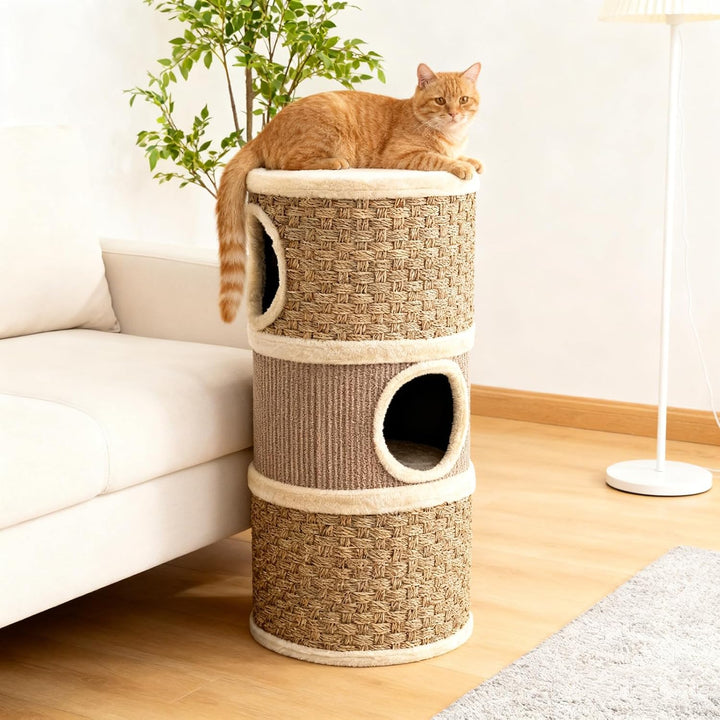 SOARS Kratztonne für Katzen, 70 cm Katzentonne mit 3 Höhlen, Liegefläche und Sisalkratzfläche, Kratz