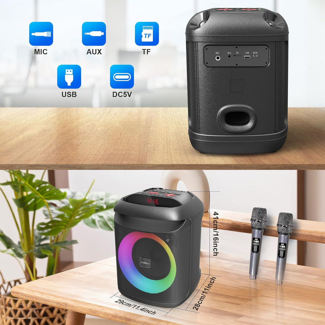 AIMAX Karaoke Maschine mit 2 Kabellosen Mikrofonen, Tragbare Bluetooth Lautsprecher für Erwachsene u