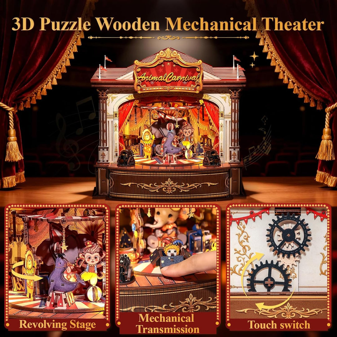 CUTEBEE 3D Holzpuzzle für Erwachsene - Rotierende Spieluhr Miniatur Haus Tier-Karneval 3D Puzzle Mod