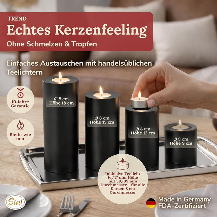 Sin!® 1x Teelichthalter & Dauerkerze Trend SCHWARZ ∅ 8cm Höhe 15cm - Die Kerze die Nicht schmilzt! K