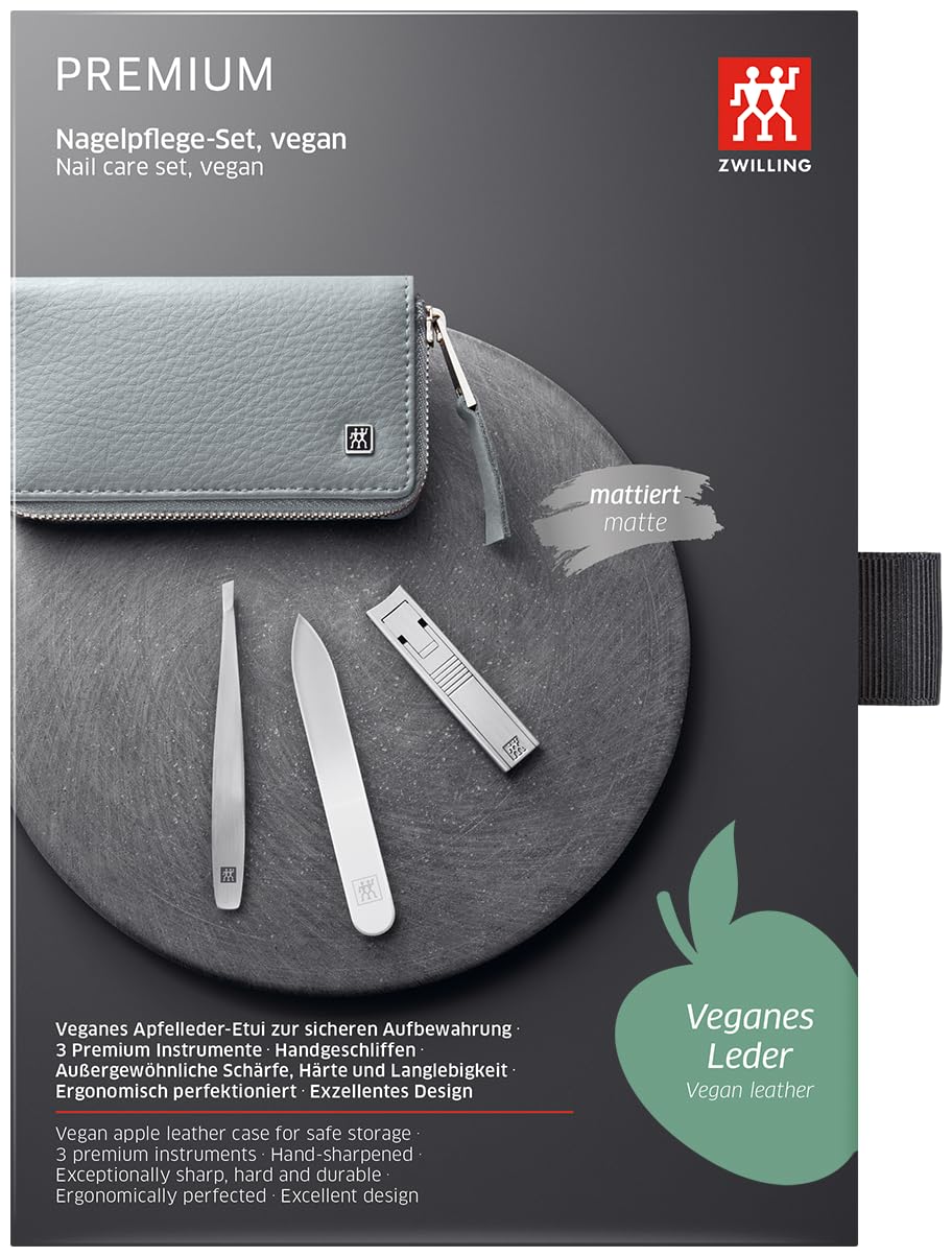 ZWILLING Maniküre Pediküre Set 3tlg., Kompakt-Nagelknipser, veganes Apfelleder-Etui, grau Nagelknips