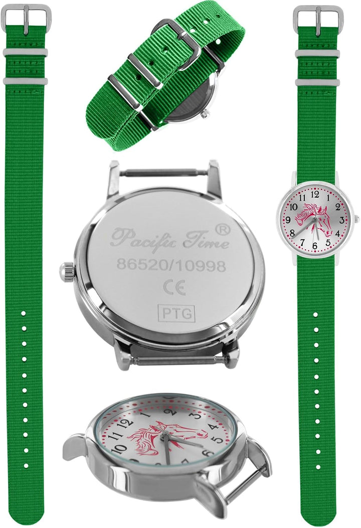 Pacific Time Mädchen Armbanduhr Uhr Pferd Pferdemotiv analog Quarz 2 Textilarmband grau grün 10023