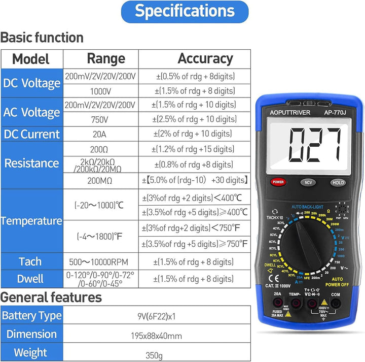Automotive Multimeter AP-770J Auto Digital Multimeter manueller Streckenauto-Multitester Voltage Det