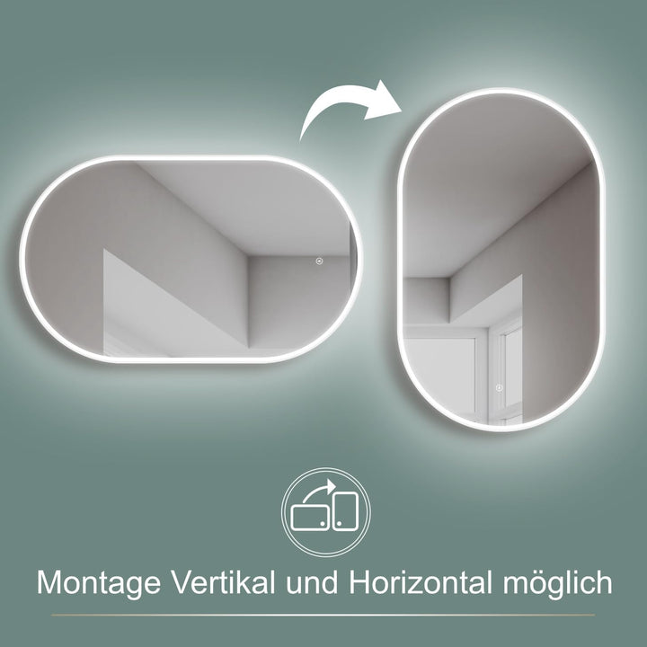 HOKO Design Badspiegel oval 45x75 cm / 75x45 cm Bern mit Energiesparend LED Beleuchtung und Metall R