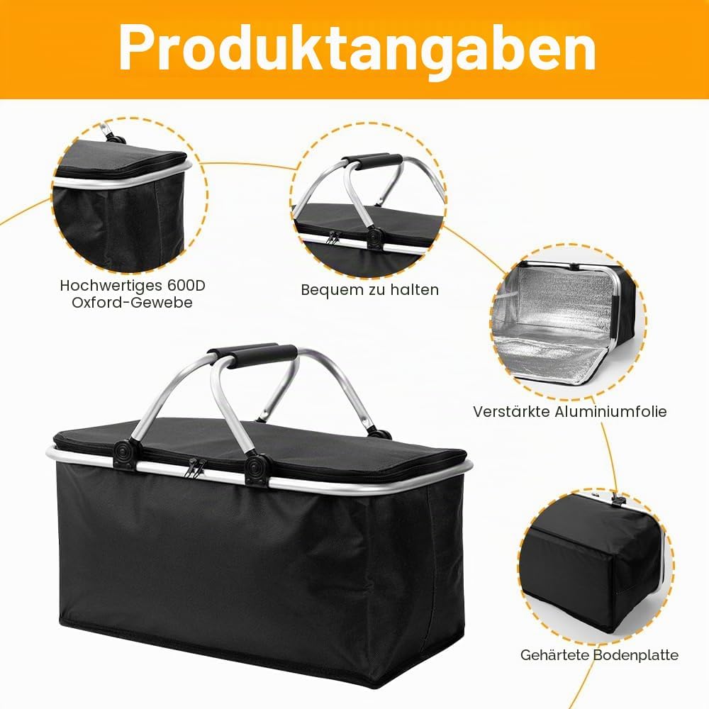 30L Einkaufskorb Faltbar, Gross Picknickkorb Mit Gepolsterten Griffen, Tragekorb Einkaufskorb Kühlta