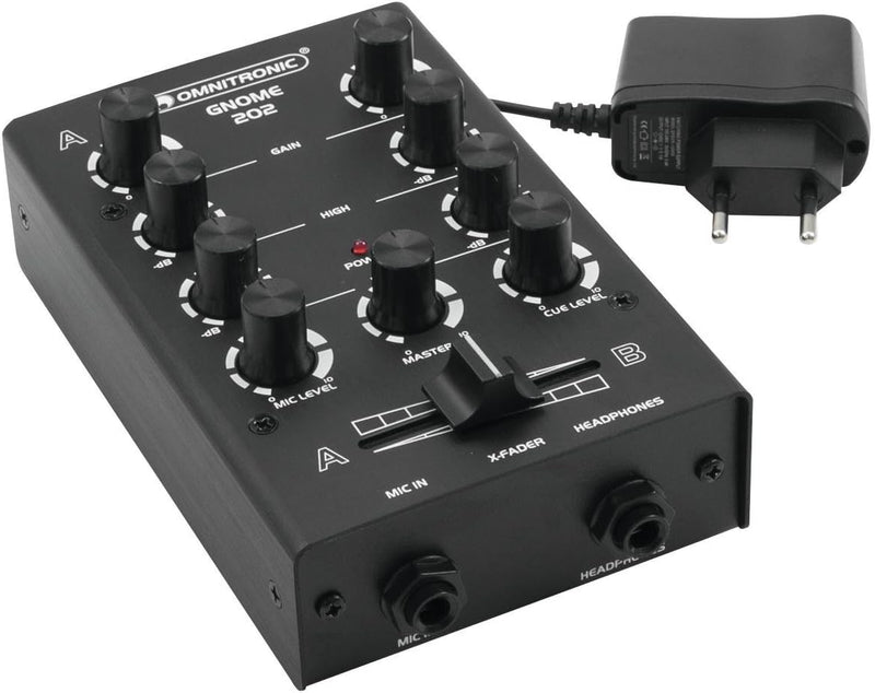 OMNITRONIC GNOME-202 Mini-Mixer schwarz | 2-Kanal-DJ-Mixer im Miniaturformat | Extrem leichter und k