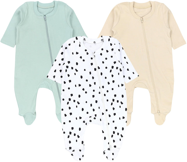 TupTam Unisex Schlafstrampler 3er Pack Baumwolle mit Reissverschluss 56 Salbeigrün Beige Punkte, 56
