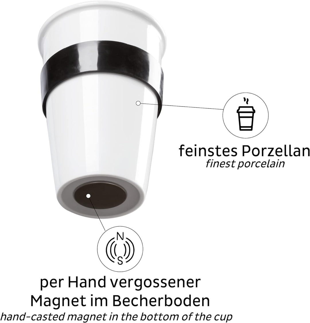 silwy® Porzellan TO-GO-CUP inkl. schwarzer Hitzeschutzbanderole, metallischen Nano-Gel-Untersetzer W