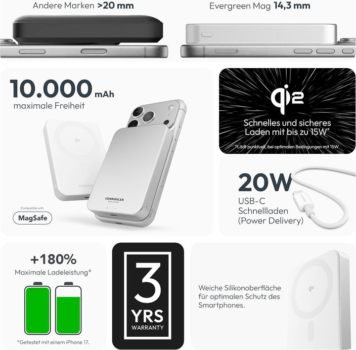 VONMÄHLEN Evergreen Mag 10.000 mAh Qi2-Powerbank – kabelloses Laden mit 15W, kompatibel mit MagSafe,