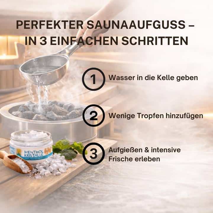 Sauna Set | KK Saunaaufgussset 4 x 100 ml + 50g Mentholkristalle | Saunakonzentrat + Menthol-Kristal