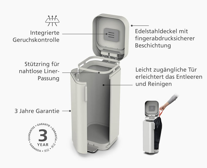 Joseph Joseph Porta - 40L Leicht entleerbarer Treteimer mit leicht zugänglicher Tür, fingerabdrucksi