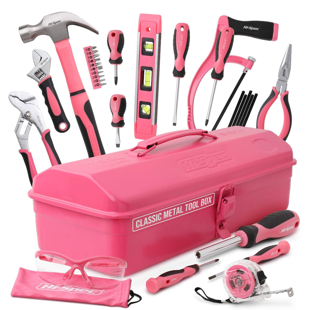 Hi-Spec Retro Pink Rosa Werkzeugkiste mit einer vielzahl von Pinken Werkzeugen die jede Frau braucht