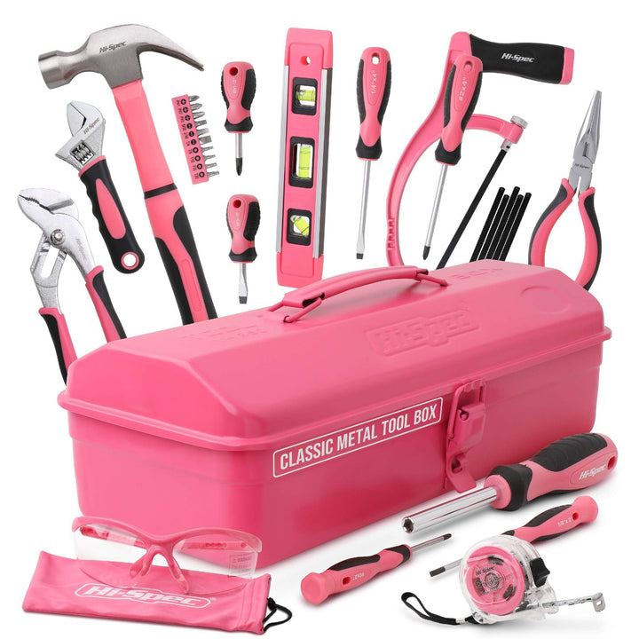 Hi-Spec Retro Pink Rosa Werkzeugkiste mit einer vielzahl von Pinken Werkzeugen die jede Frau braucht