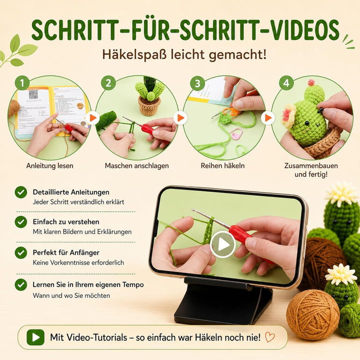 Boriad Häckel Kit für Anfänger,3 Cactus Stricken für Anfänger set,Crochet Set mit Häkelanleitung für