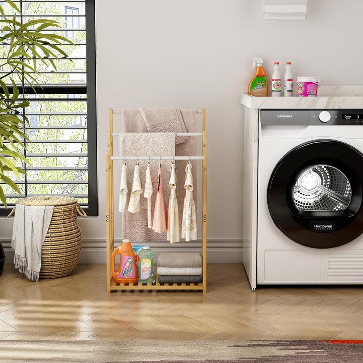 Dripex Freistehender Handtuchhalter Bambus Höhe 86 cm Handtuchständer Badetuchhalter mit 3 Edelstahl