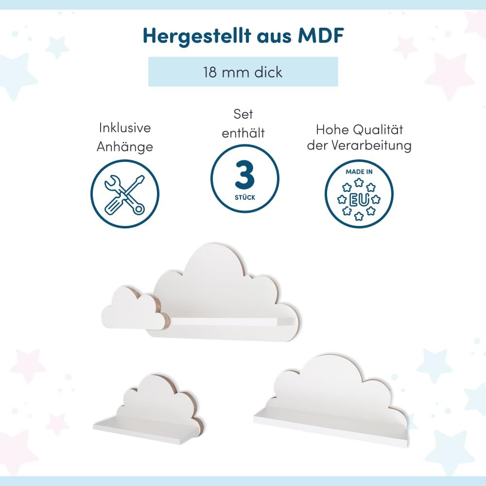 MOLILAND Wolkenregal Babyzimmer | Set mit 3 Stück | Wandregal für Kinderzimmer in Weiss | Regal Wolk