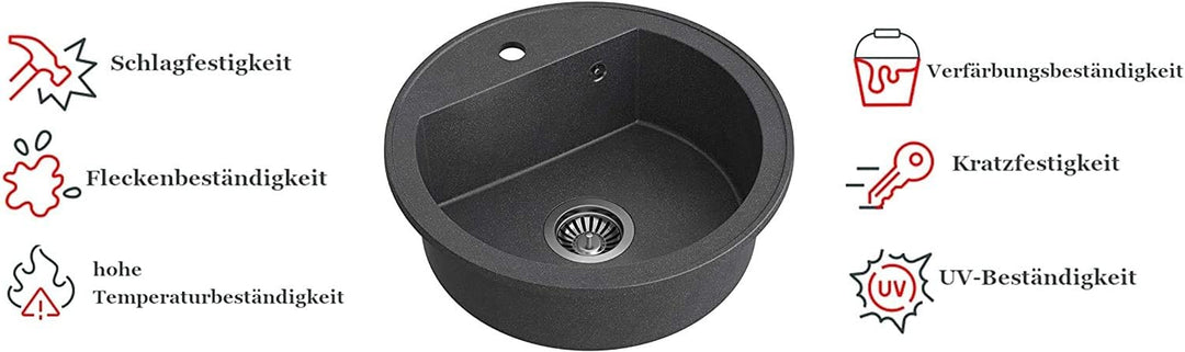Spüle Spülbecken Granit 51 cm Einzelbecken Einbauspüle gesprenkelt + Siphon Waschbecken + 360°drehba