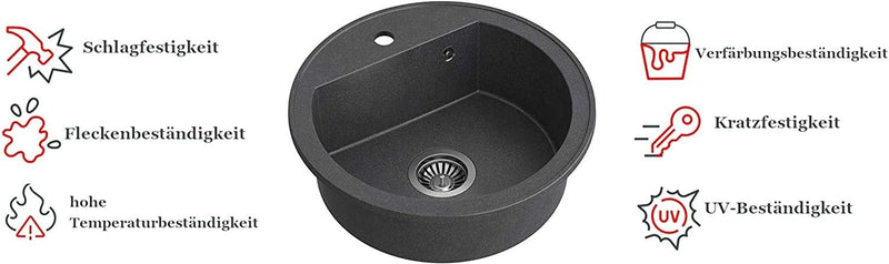 Spüle Spülbecken Granit 51 cm Einzelbecken Einbauspüle gesprenkelt + Siphon Waschbecken + 360°drehba