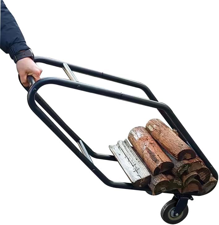QUICK STAR Kaminholztrolley, 25x40x95 cm, Schwarz Pulverbeschichtet, 2 Gummierte Räder, Stahl