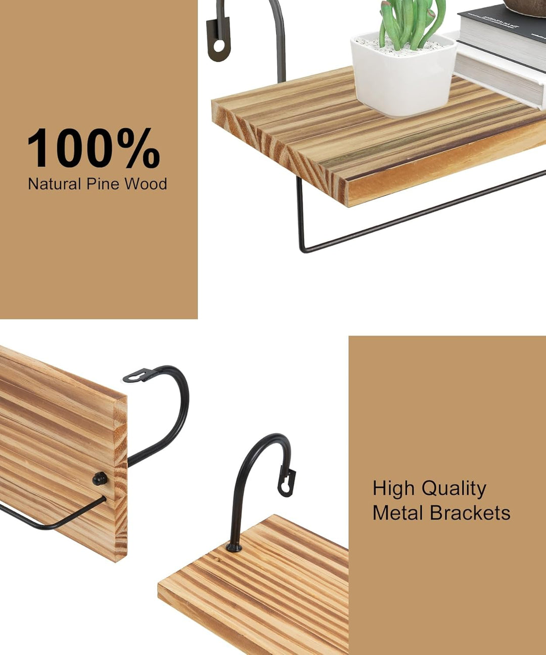Petrala Holz Wandregal Kaffeebar Küchenregal Schweberegale 2er Set, Wandboard mit Handtuchhalter Hak