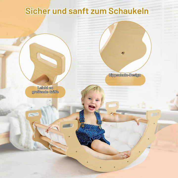 HOMASIS Kletterbogen mit Kissen, Holz Klettergerüst Indoor, Montessori Holzwippe Bogenwippe zum Wipp