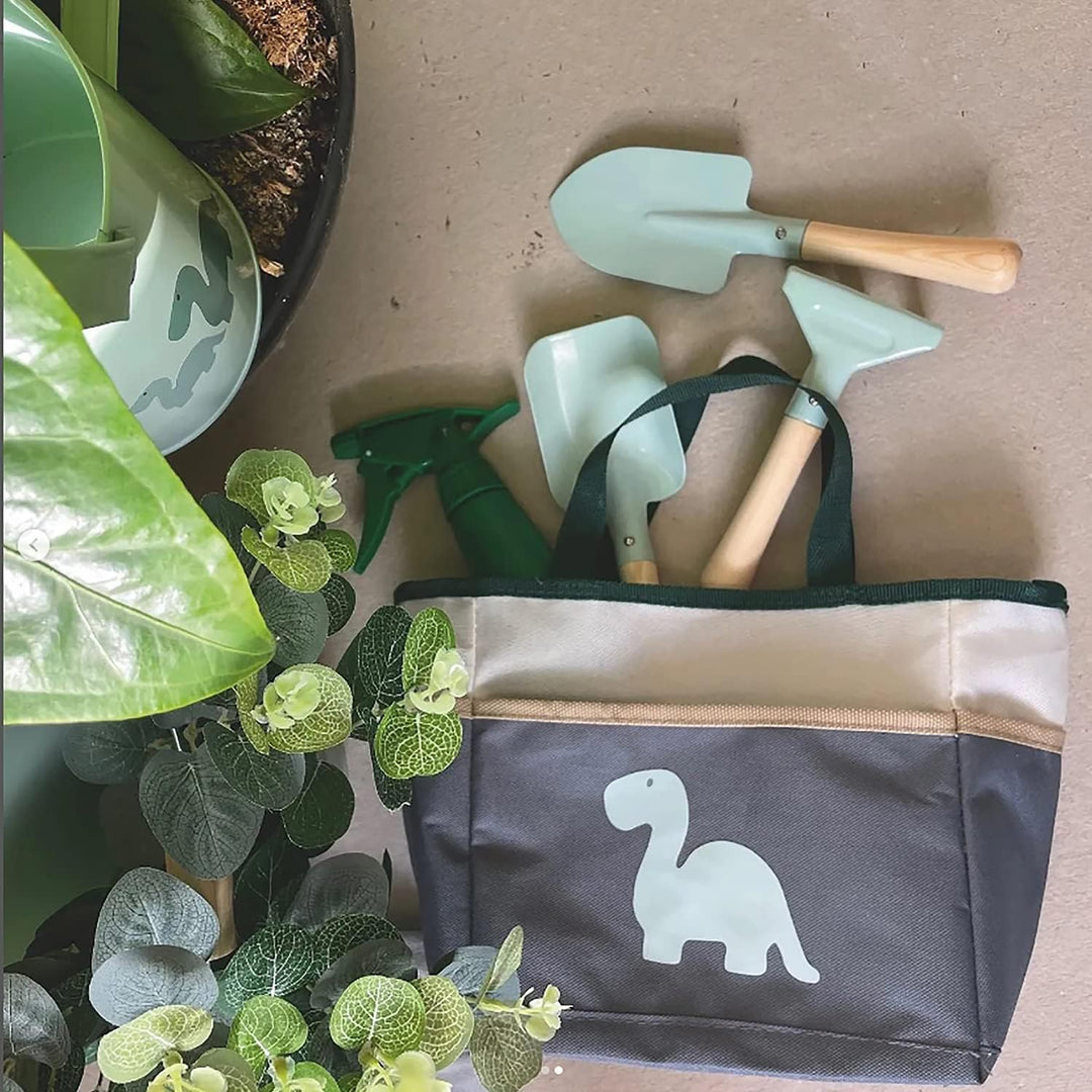 Krause & Sohn Schürze für Kinder inkl. Gartenwerkzeug 6-tlg. Gärtner-Set Hobbyschürze mit Dino-Motiv