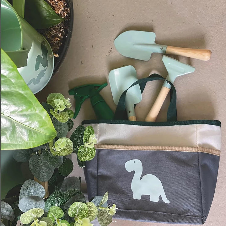 Krause & Sohn Schürze für Kinder inkl. Gartenwerkzeug 6-tlg. Gärtner-Set Hobbyschürze mit Dino-Motiv