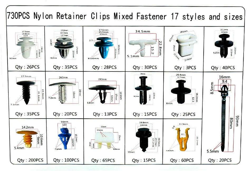 Riloer New 730Pcs Kunststoff Auto Clips Befestigungselemente Stossstange Niethalter Niet Kit