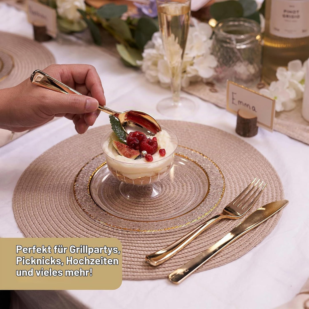 MATANA 720 Elegantes Wiederverwendbares Goldenes Besteck Set – 240 Messer, 240 Gabeln, 240 Löffel –