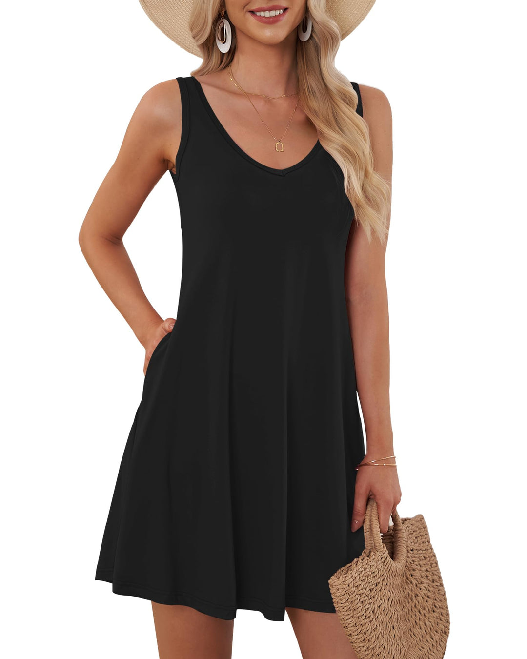 AUSELILY Sommerkleid Damen loose Strandkleid 02 Schwarz M, 02 Schwarz M